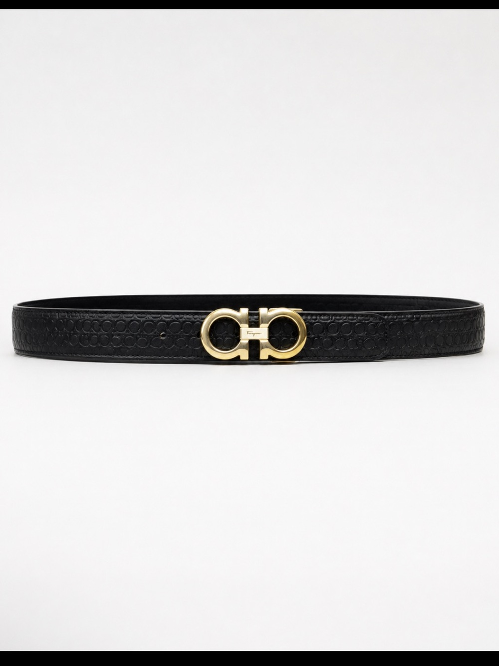 Salvatore Ferragamo Black embossed Leather Belt with Gold Gancini Buckle
